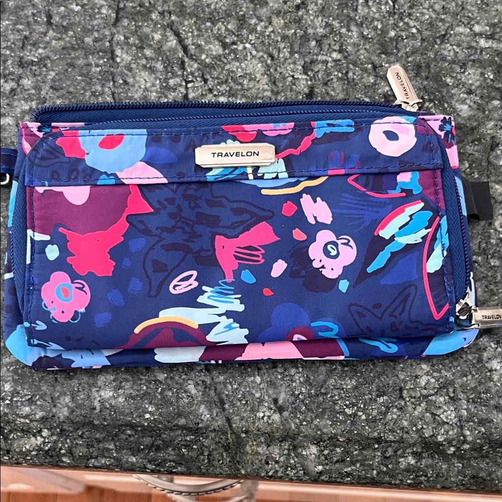 Travelon Navy Floral Print Wallet with Pink & Blue Accents rfid